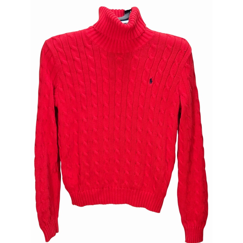 Women's Ralph Lauren Large Red Cable Knit Cotton Turtleneck Sweater Academia